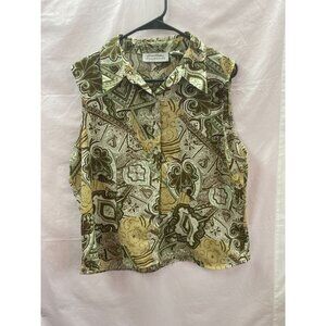 Giorgio Fiorlini Women's XL Green & Brown Paisley sleeveless Button Down Blouse